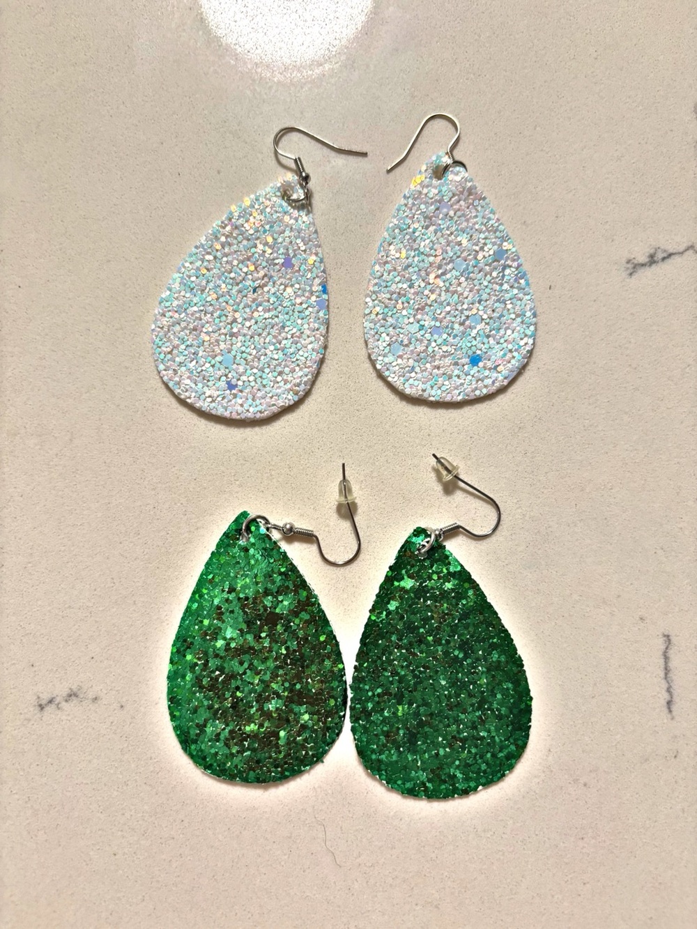 Teardrop Glitter Earrings - White Iridescent & Emerald Green